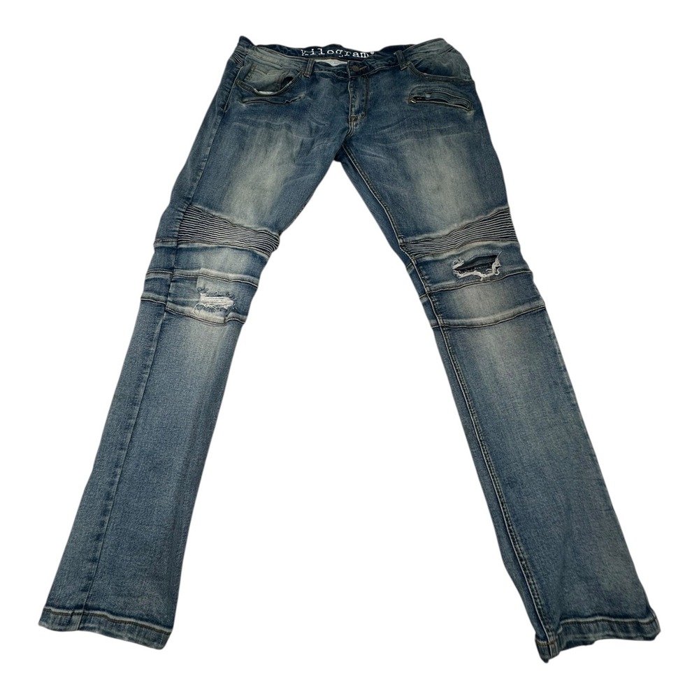 Kilogram Mens Blue Distressed Ripped‎ Moto Biker Jeans Size 38